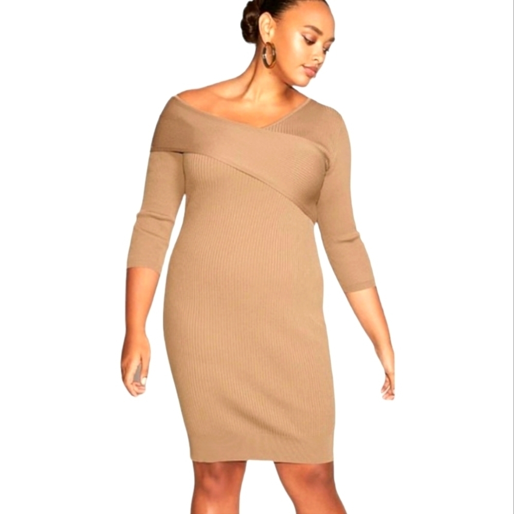 NWT New York & Co's Gabrielle Union Neutral Ribbed Knit Knee Length Dress MED